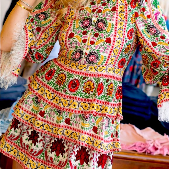 Alice + Olivia Lawson Floral Tiered Dress - Green and Cream Mock Neck Dress - Picture 2 of 4